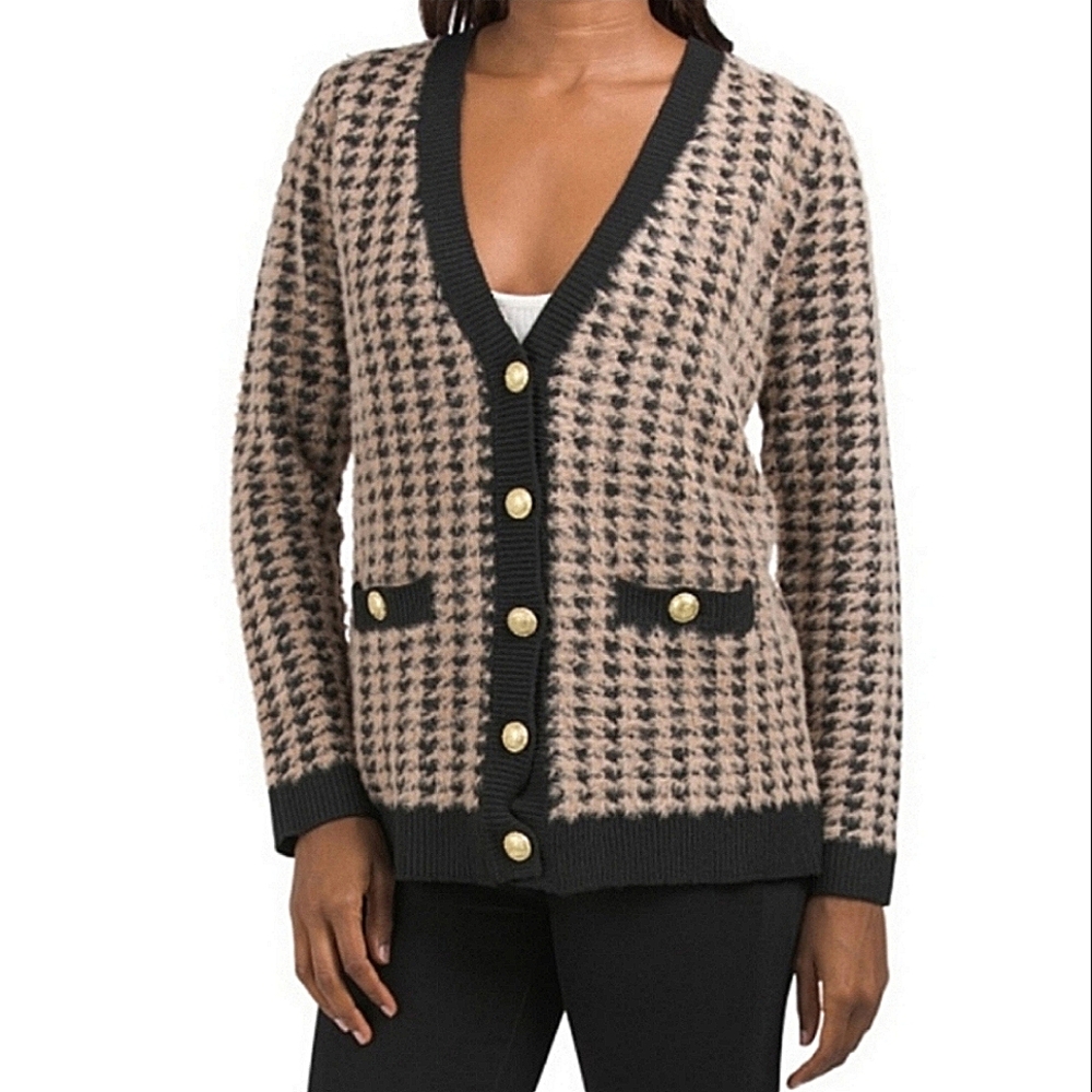 Tahari Black and Tan Checkered Cardigan - Picture 2 of 7